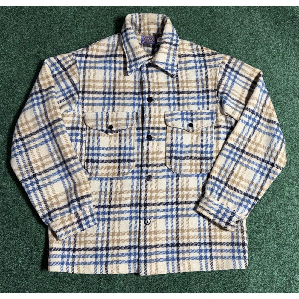 VTG 60s 70s Pendleton Heavy Wool Flannel Plaid Loop Collar USA Medium‎ Tan Blue